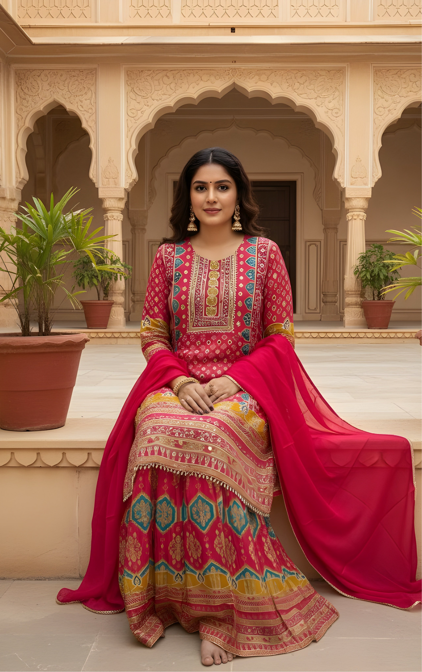 Scarlet Radiance: Traditional Crepe Silk Red Sharara Set