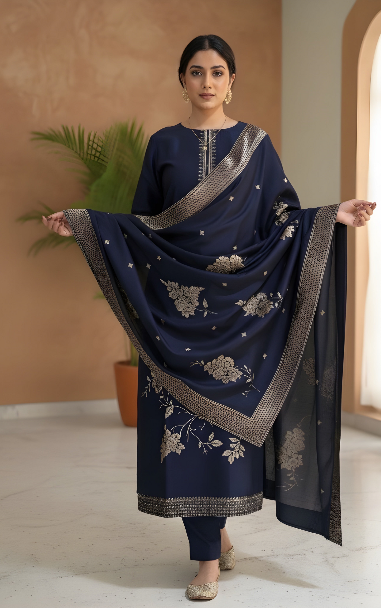 Royal Bloom: Navy Blue Silk Blend Suit with Antique Gold Embroidery