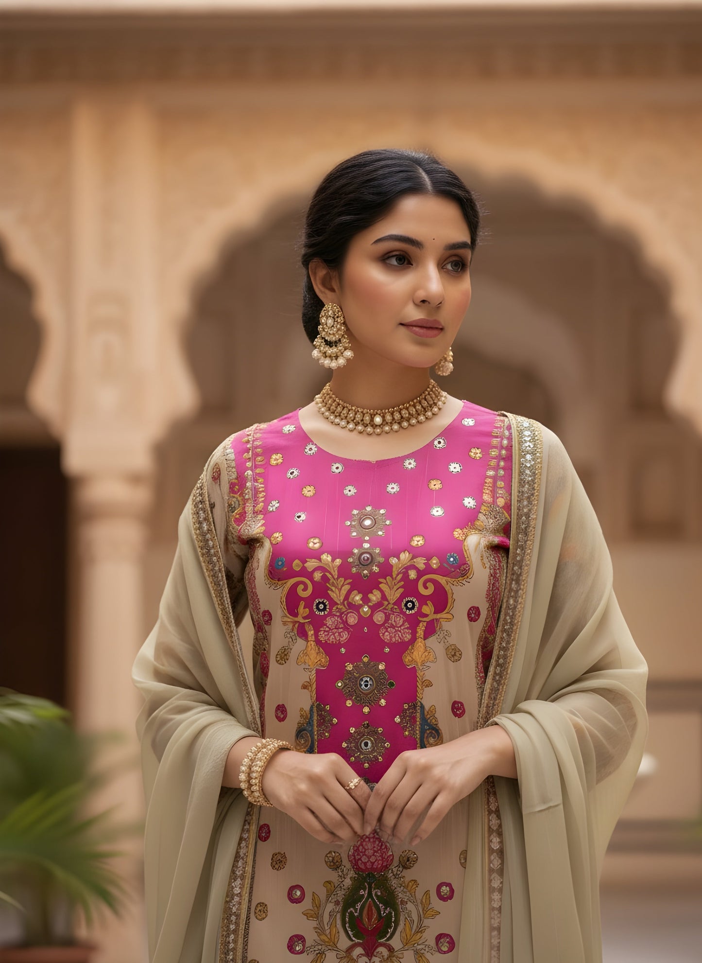 Desert Beige: Crepe Silk Kurta Set with Mirror Work and Contrast Yoke