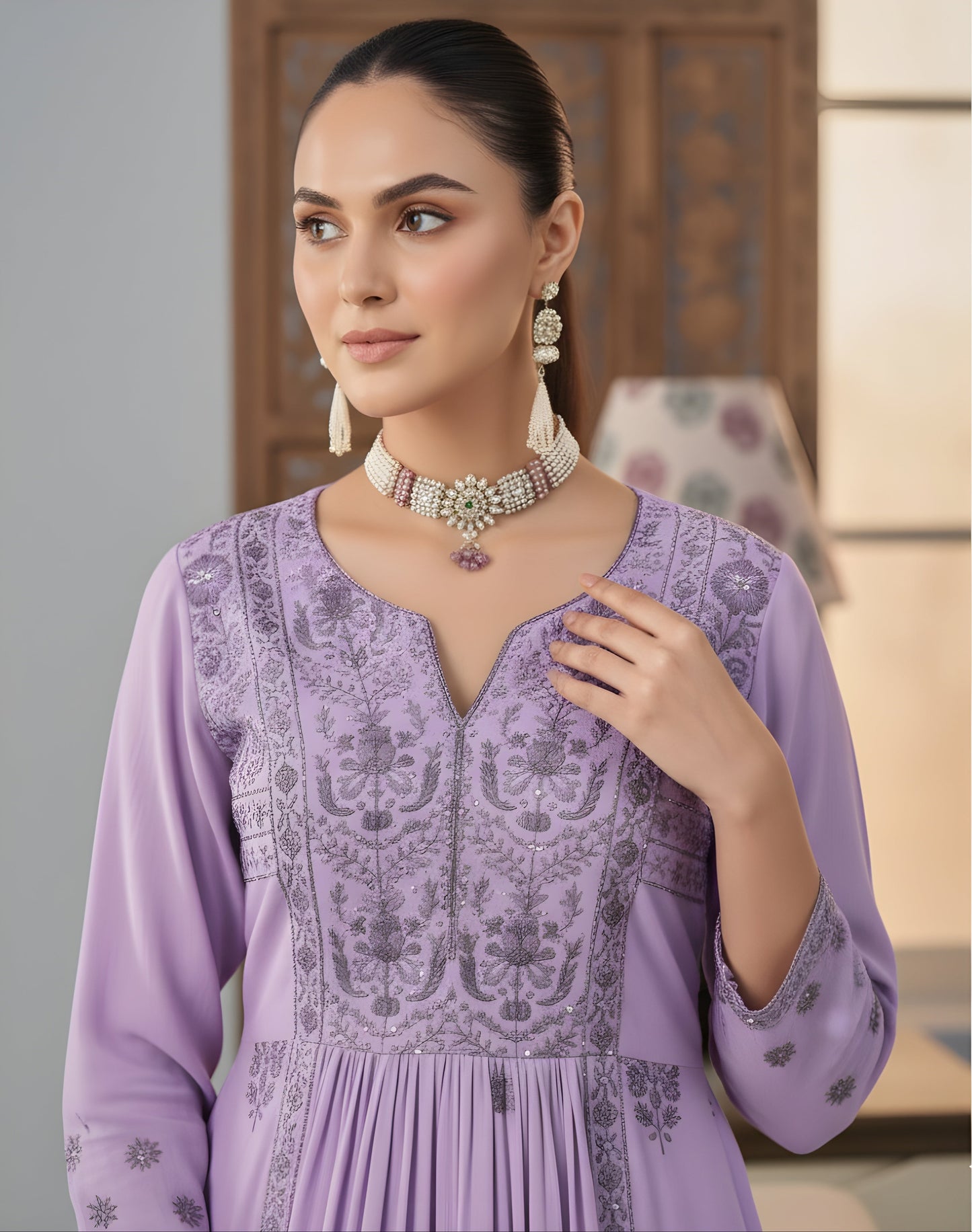Lilac Whisper: Embroidered Kurta Set with Chikankari Edging