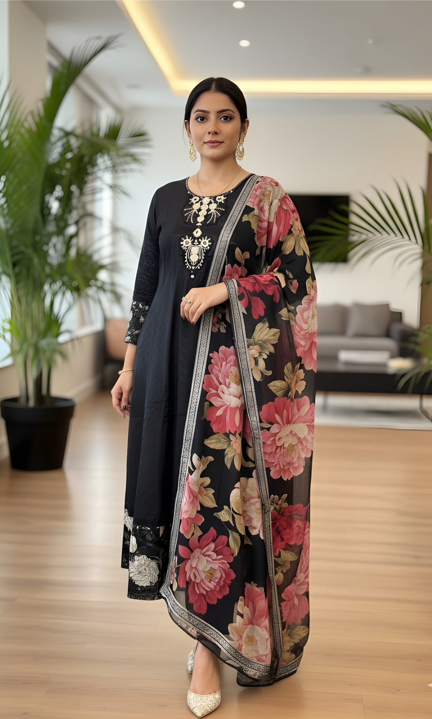 Midnight Bloom: Black Suit with Statement Mirror Work and Floral Dupatta