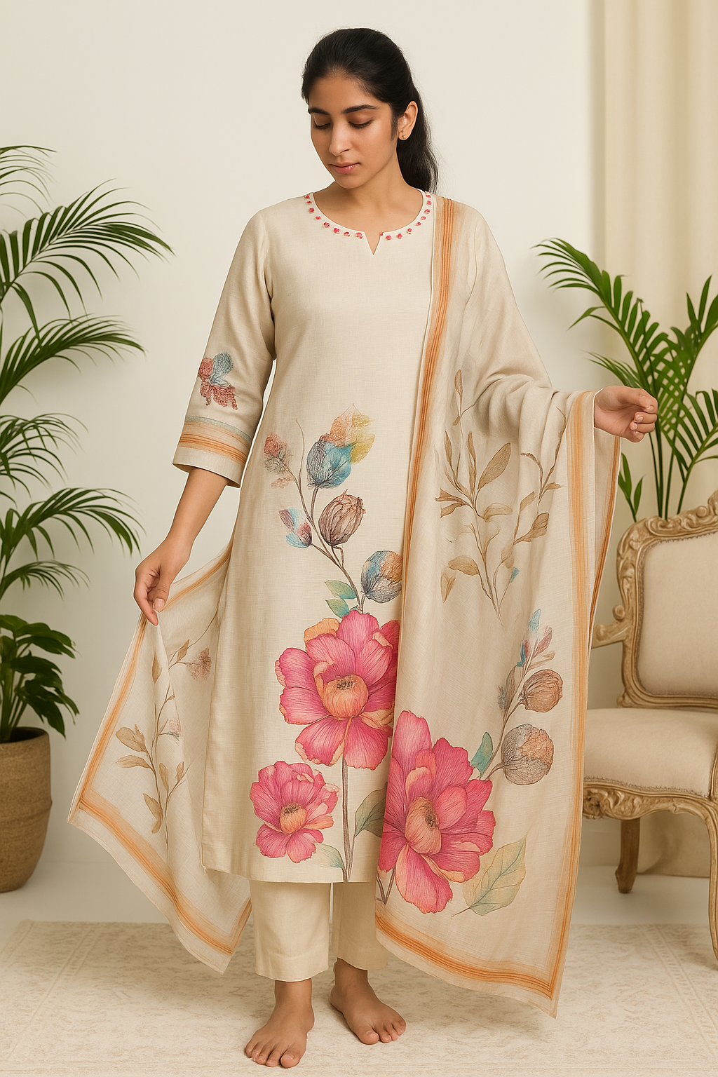 'Muskurahat' Soft Beige Floral Silk 3-piece Set
