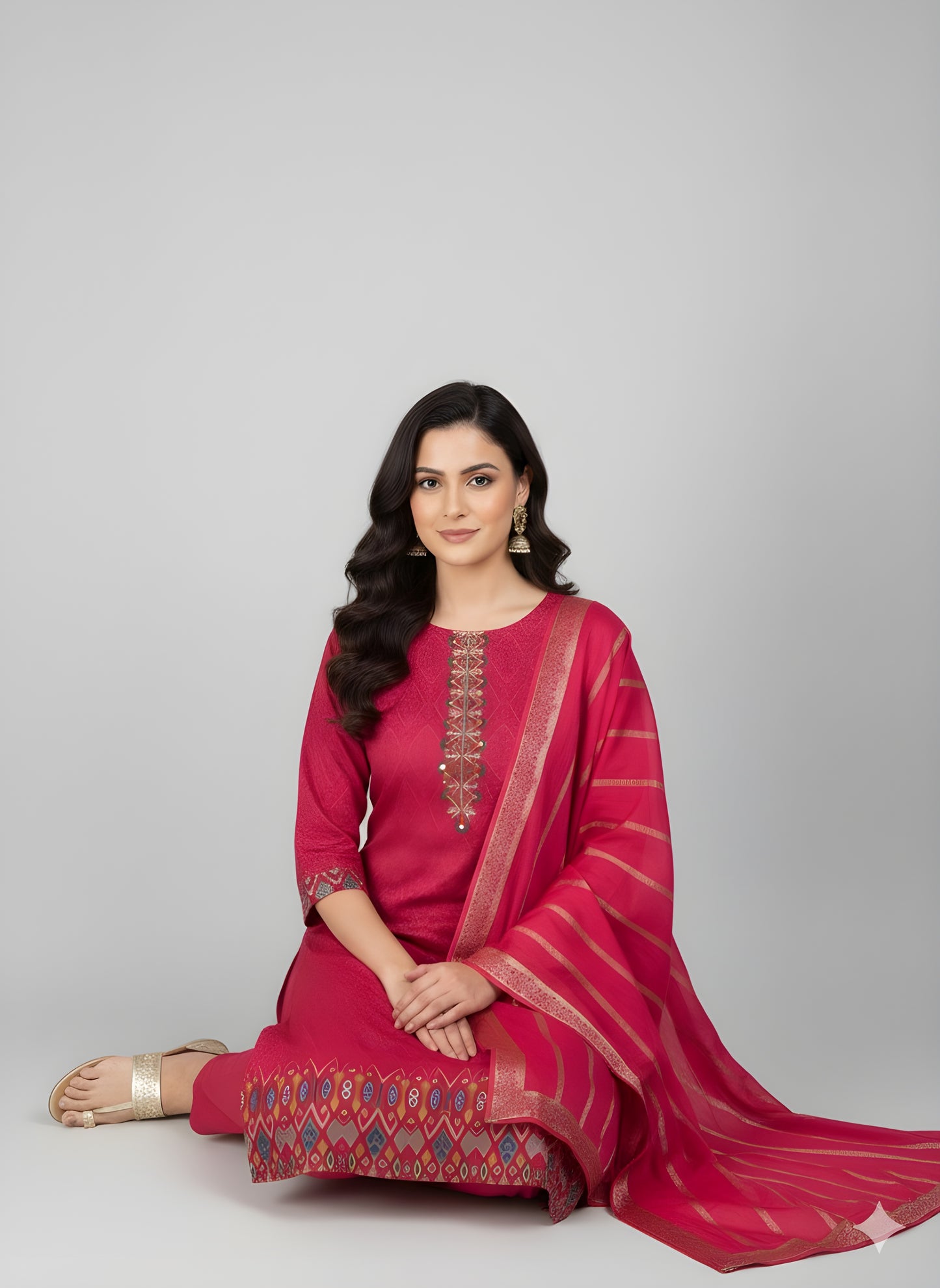 Fuchsia Flush: Minimalist Kurta Set with Intricate Yoke Embroidery