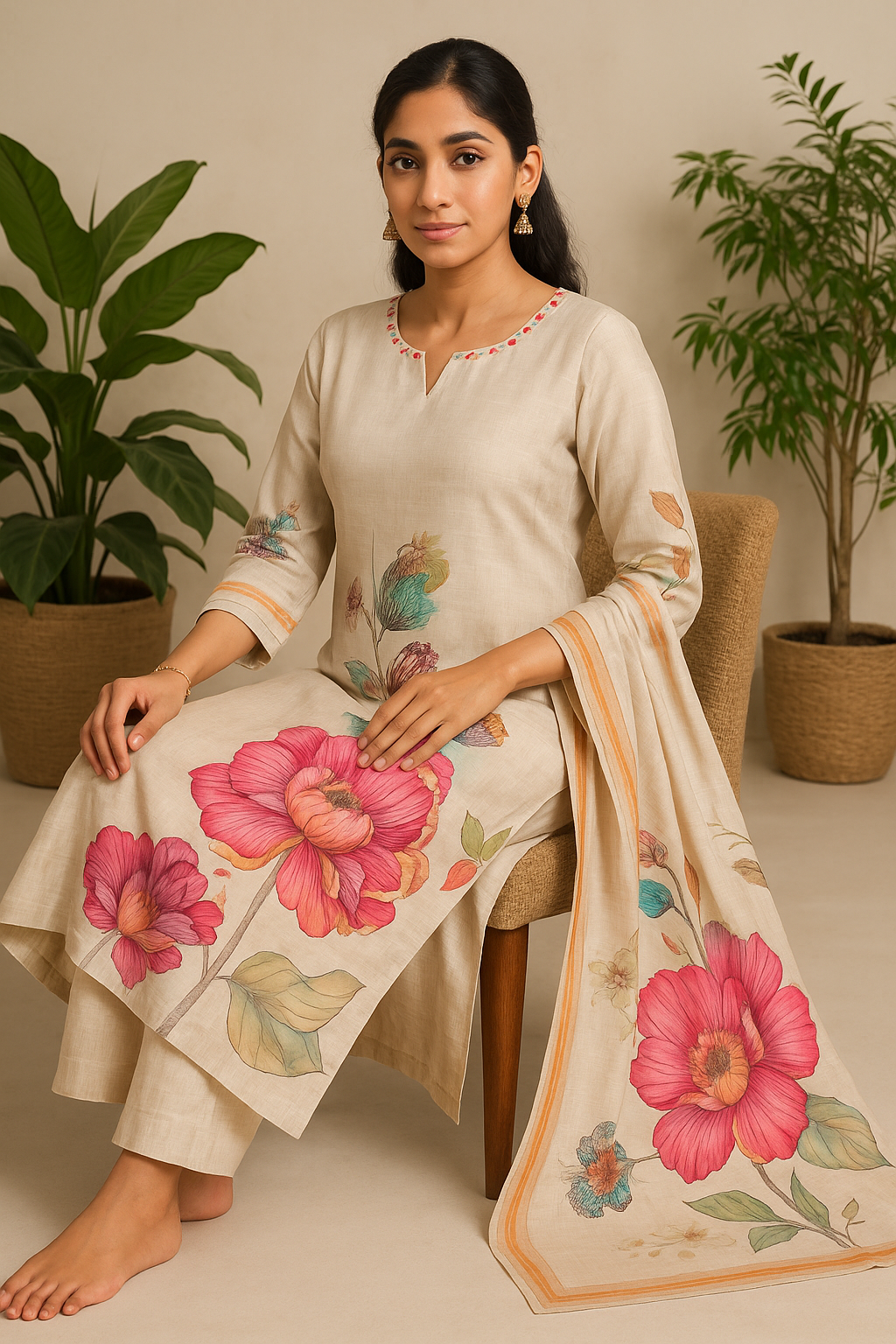 'Muskurahat' Soft Beige Floral Silk 3-piece Set