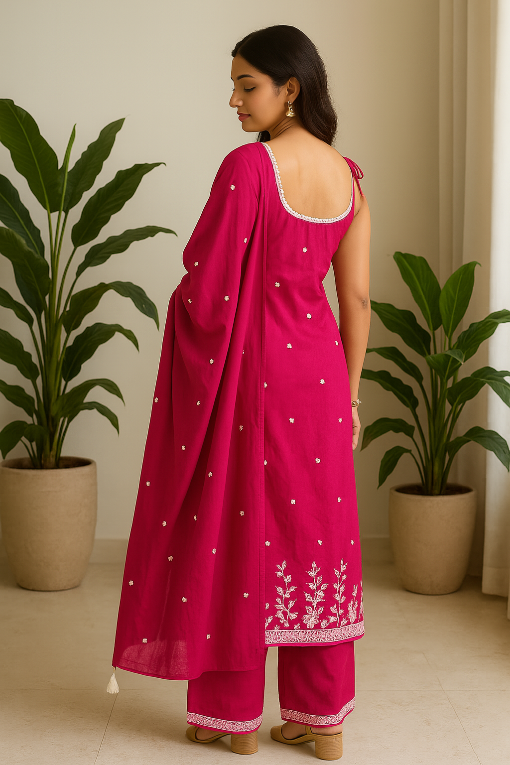 'Dil' Fuchsia Pink Threadwork 3 piece Kurta Set