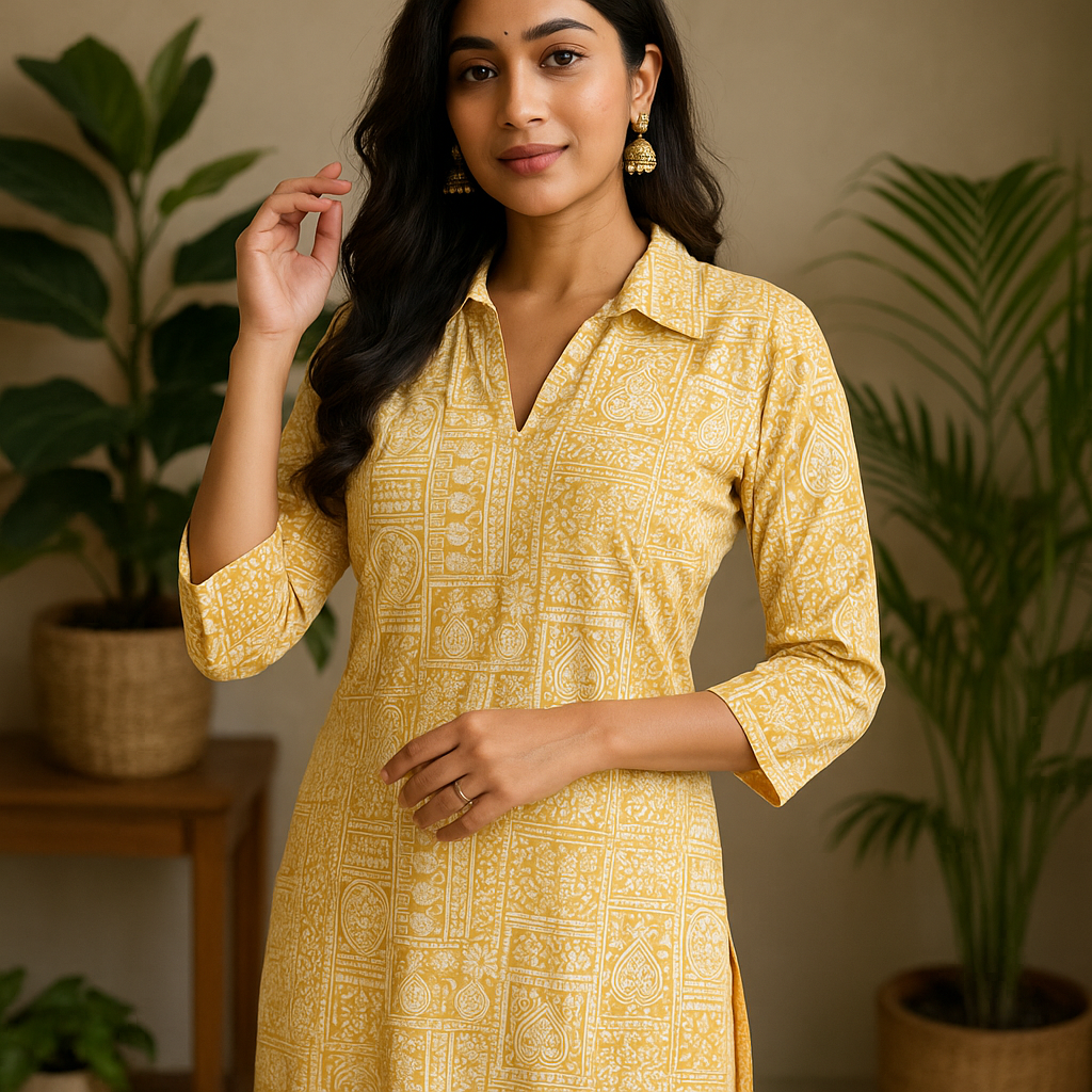 'Roop' Sunlit Mustard Print Kurta- Collar Neck