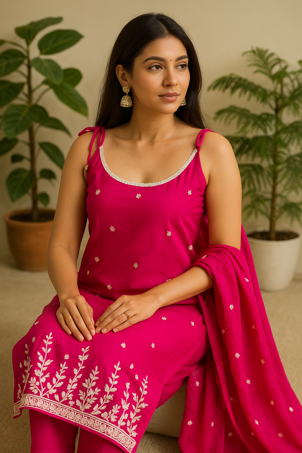 'Dil' Fuchsia Pink Threadwork 3 piece Kurta Set