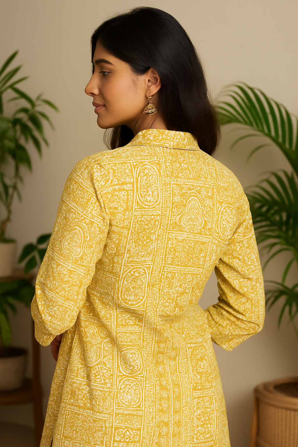 'Roop' Sunlit Mustard Print Kurta- Collar Neck