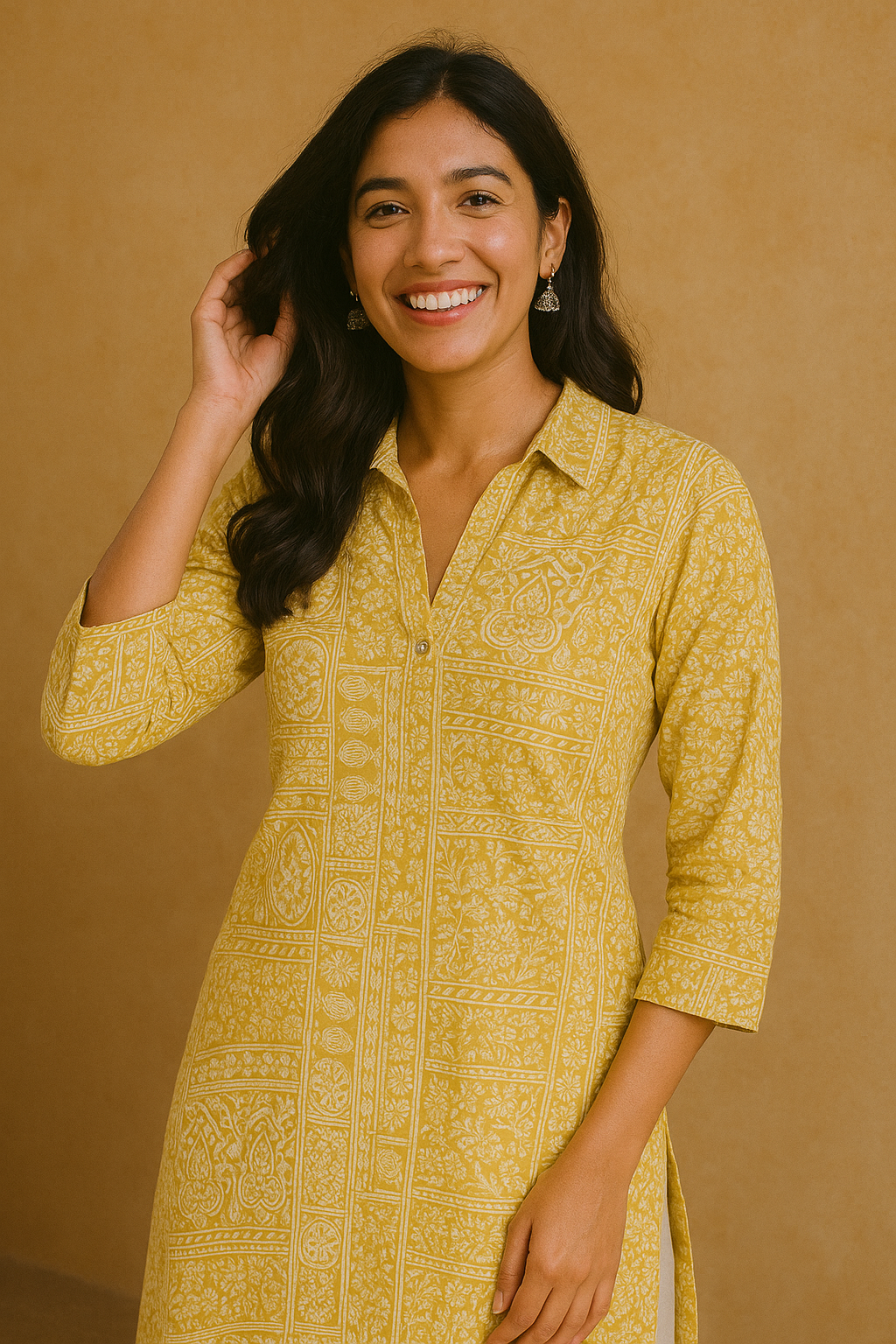 'Roop' Sunlit Mustard Print Kurta- Collar Neck