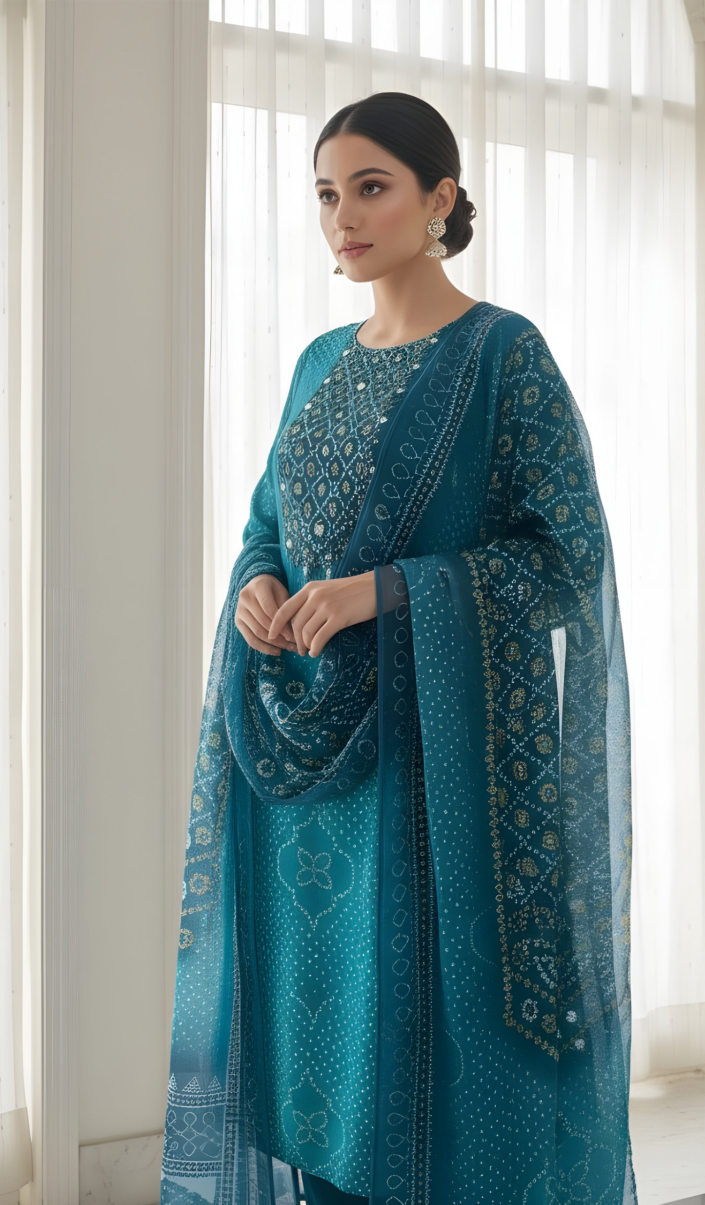 Aqua Elegance: Bandhani-Style Kurta Set with Dupatta