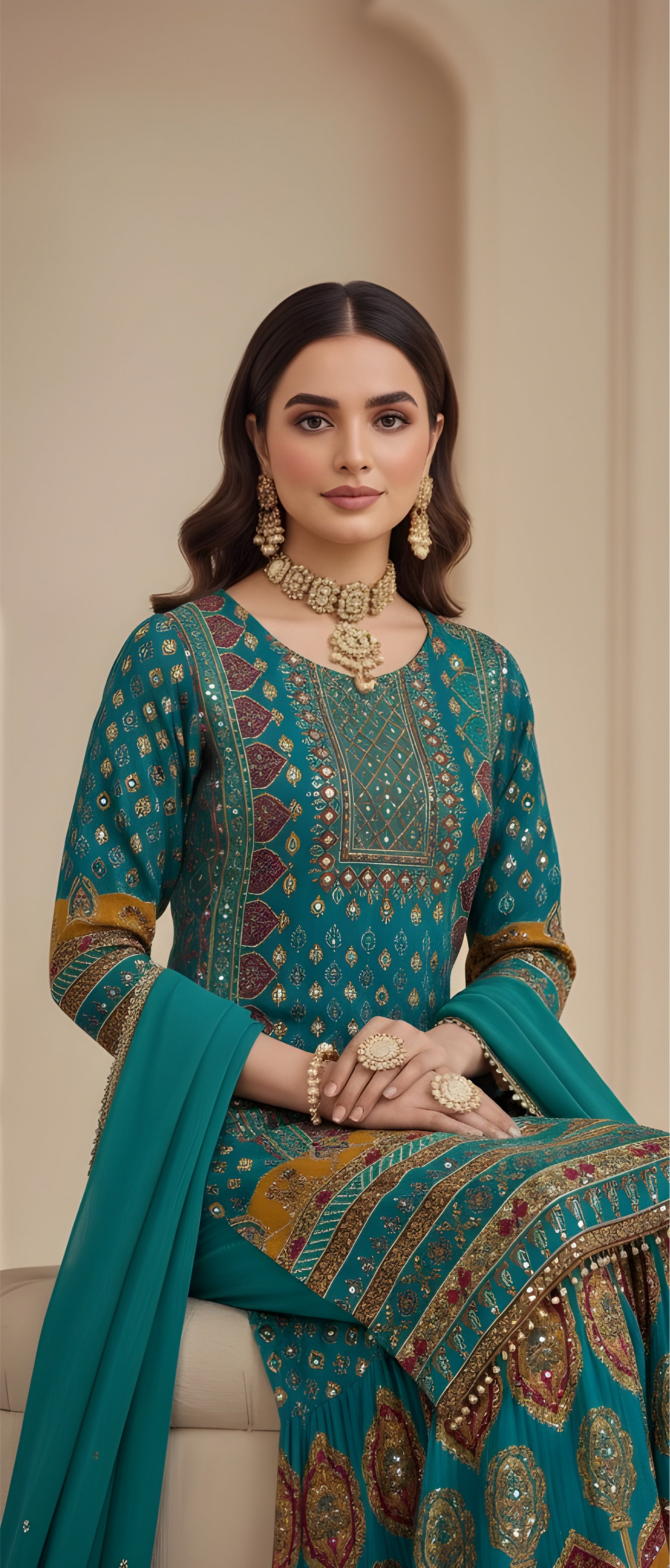 Teal Crepe Silk Sharara Set with Mirror Work
