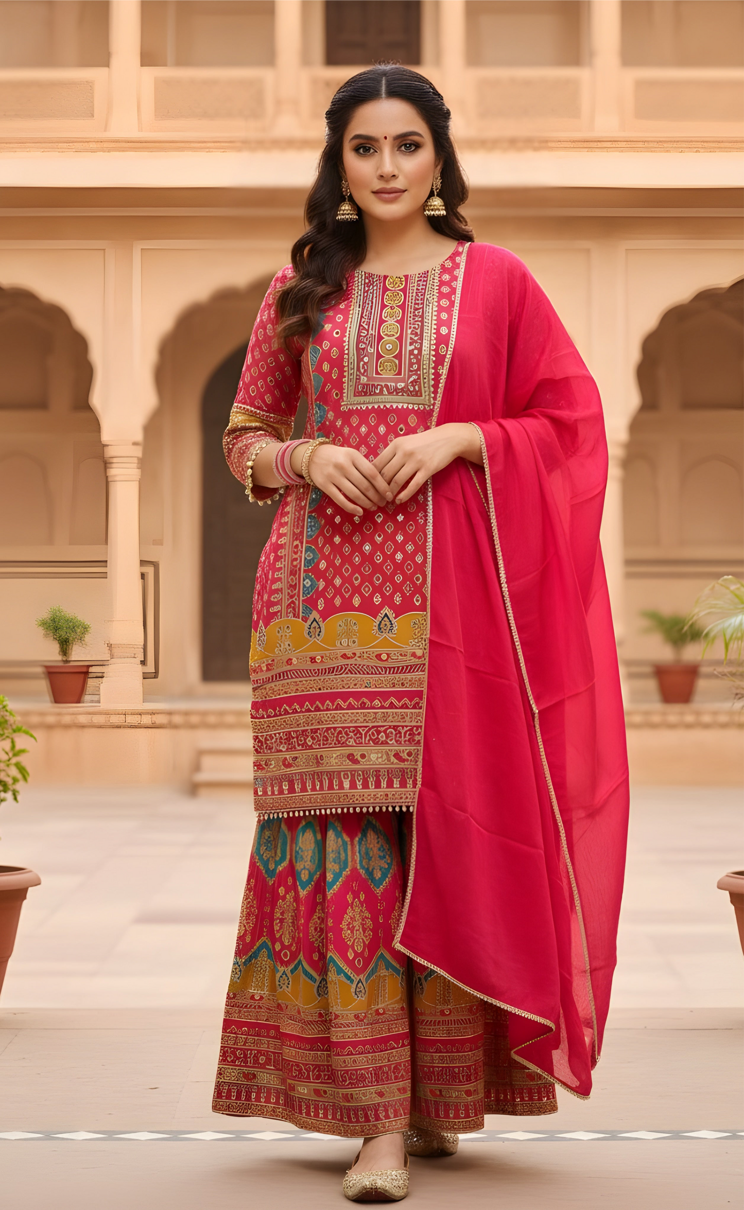 Scarlet Radiance: Traditional Crepe Silk Red Sharara Set
