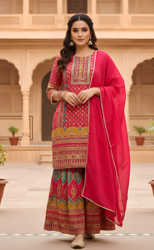 Scarlet Radiance: Traditional Crepe Silk Red Sharara Set