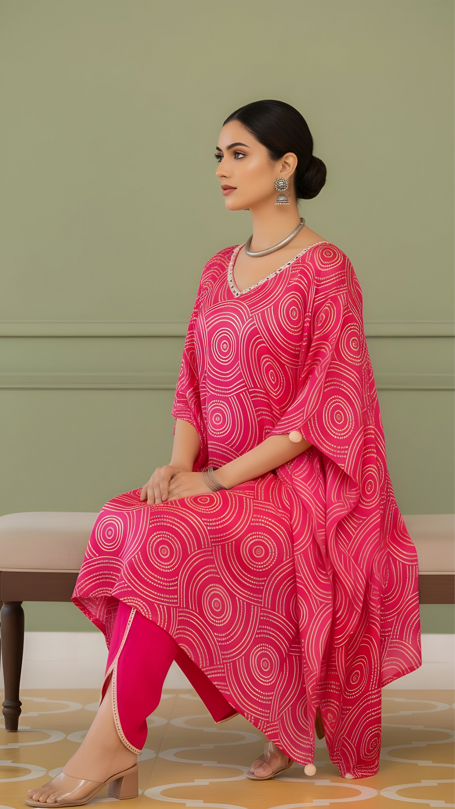 Fuchsia Horizon: Gajji Silk Kaftan Set with Tulip Pants