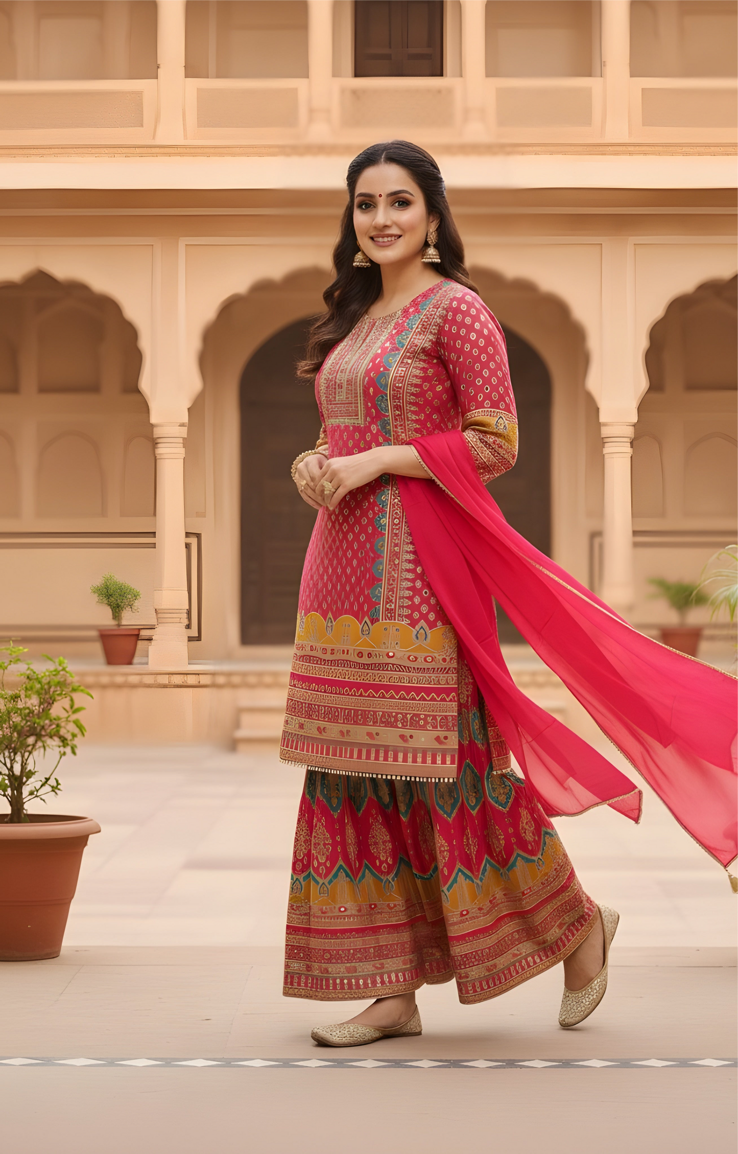 Scarlet Radiance: Traditional Crepe Silk Red Sharara Set
