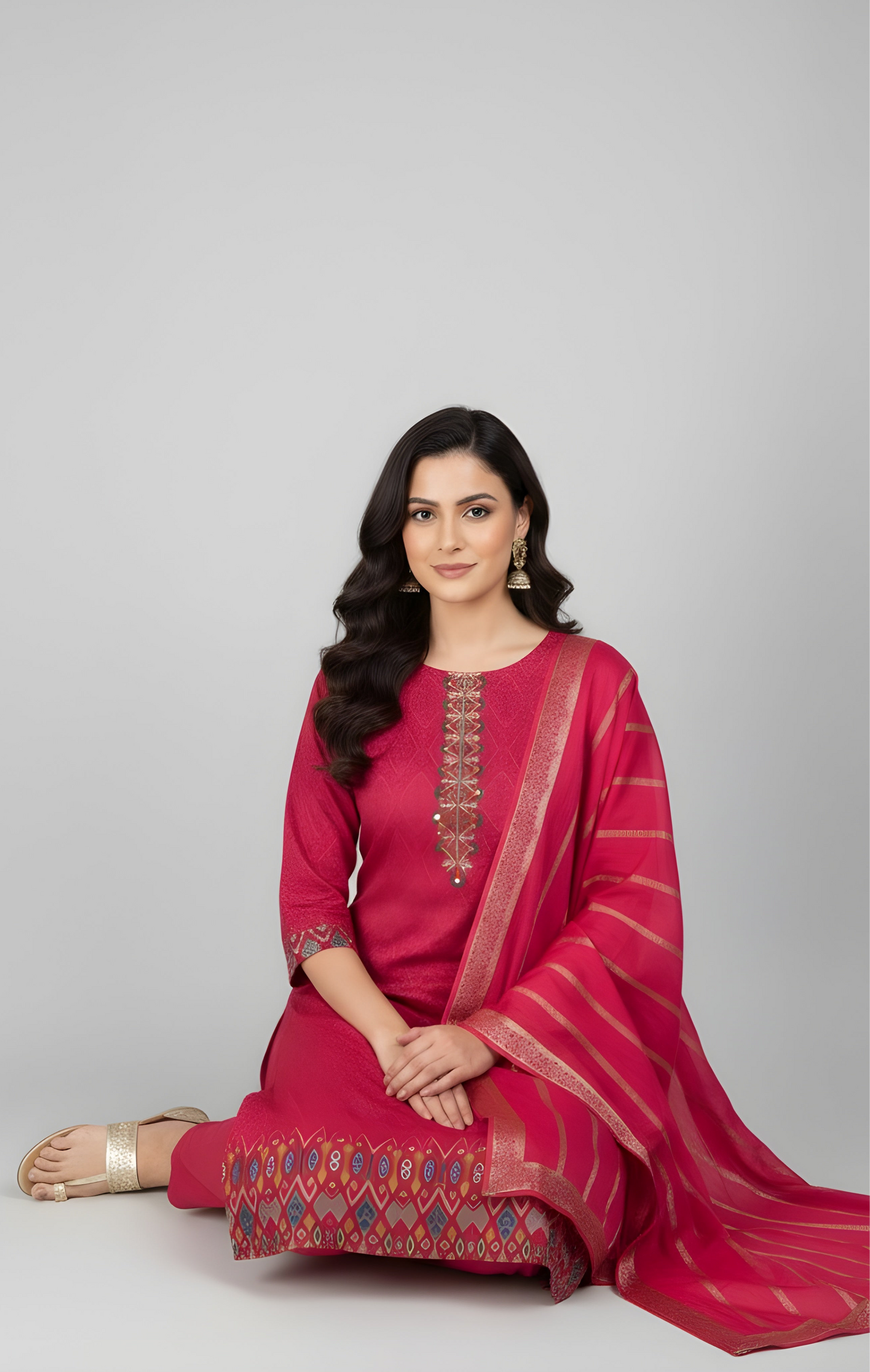 Fuchsia Flush: Minimalist Kurta Set with Intricate Yoke Embroidery