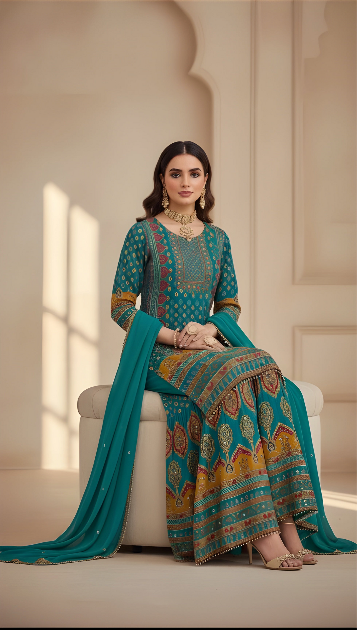 Teal Crepe Silk Sharara Set with Mirror Work
