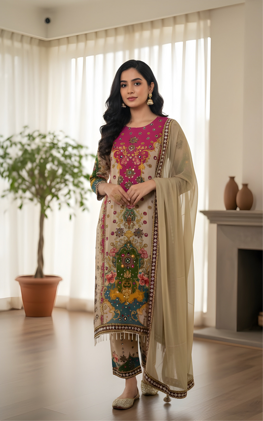 Desert Beige: Crepe Silk Kurta Set with Mirror Work and Contrast Yoke
