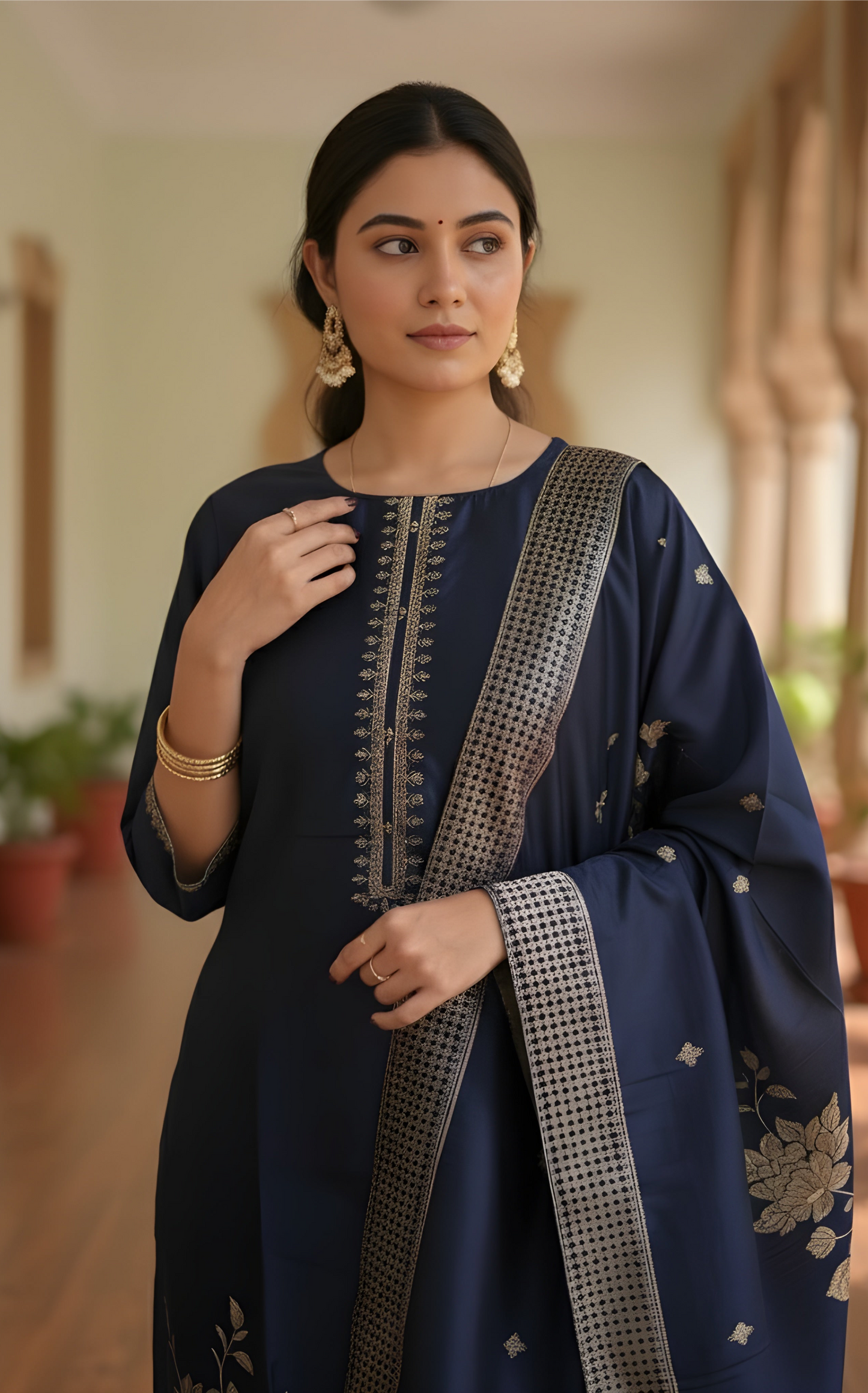 Royal Bloom: Navy Blue Silk Blend Suit with Antique Gold Embroidery