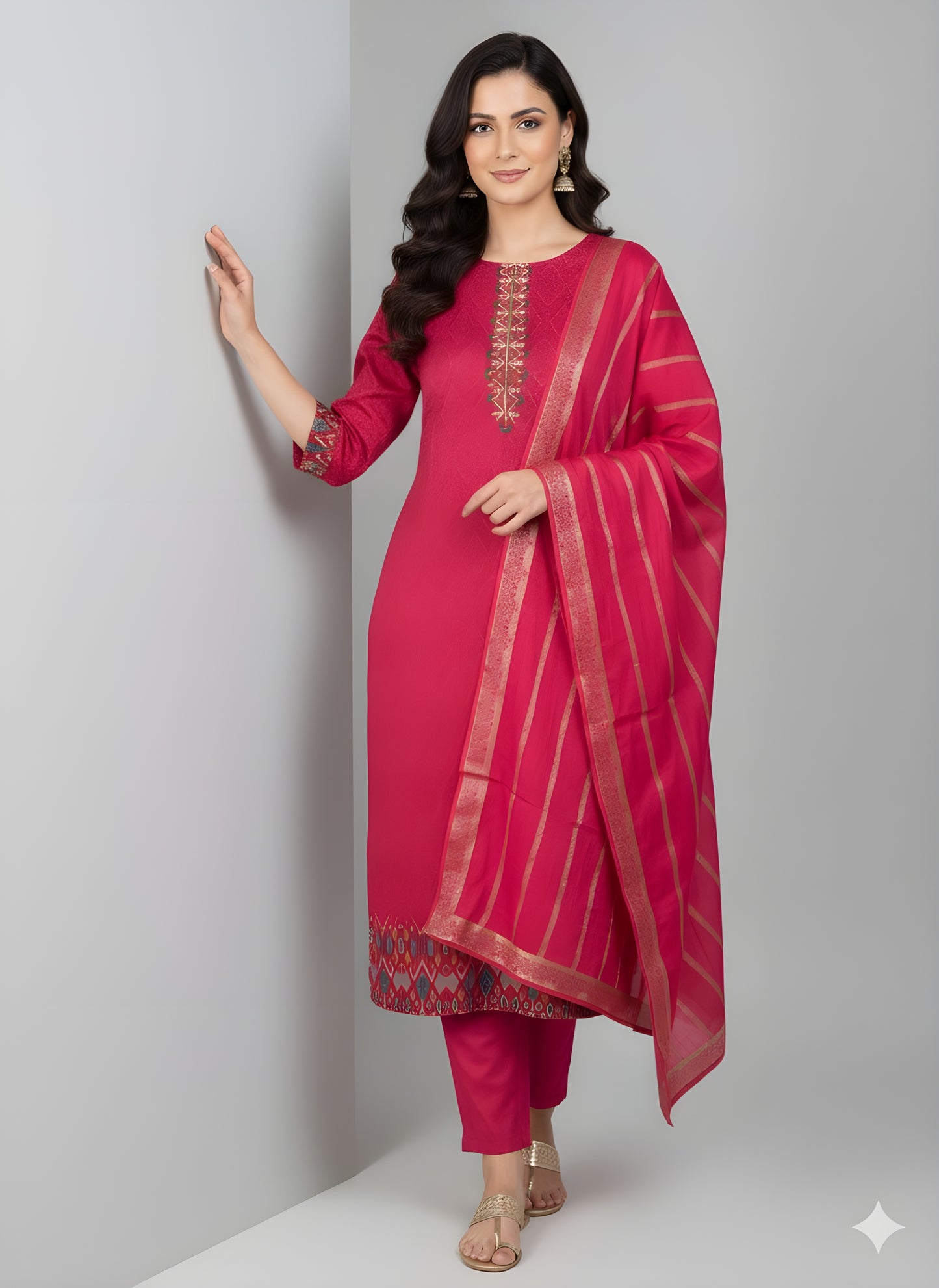 Fuchsia Flush: Minimalist Kurta Set with Intricate Yoke Embroidery