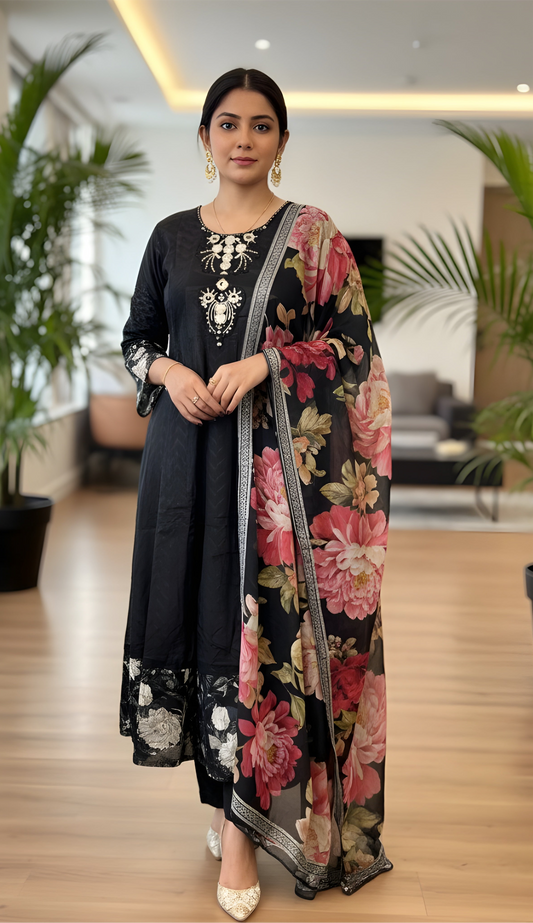 Midnight Bloom: Black Suit with Statement Mirror Work and Floral Dupatta