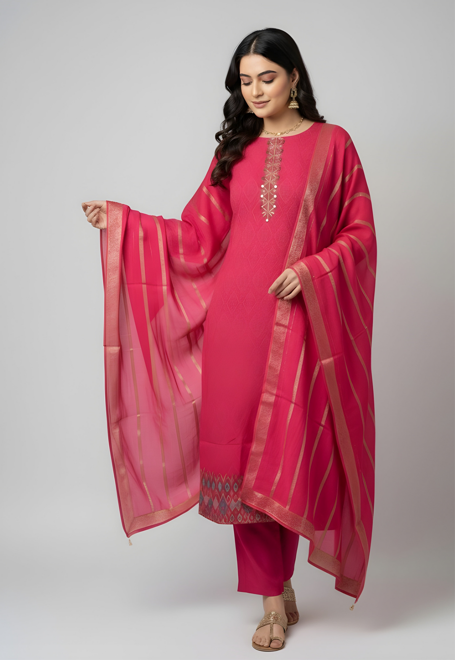 Fuchsia Flush: Minimalist Kurta Set with Intricate Yoke Embroidery