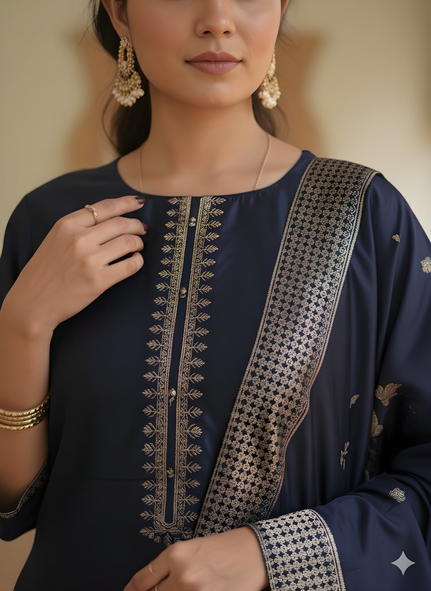 Royal Bloom: Navy Blue Silk Blend Suit with Antique Gold Embroidery