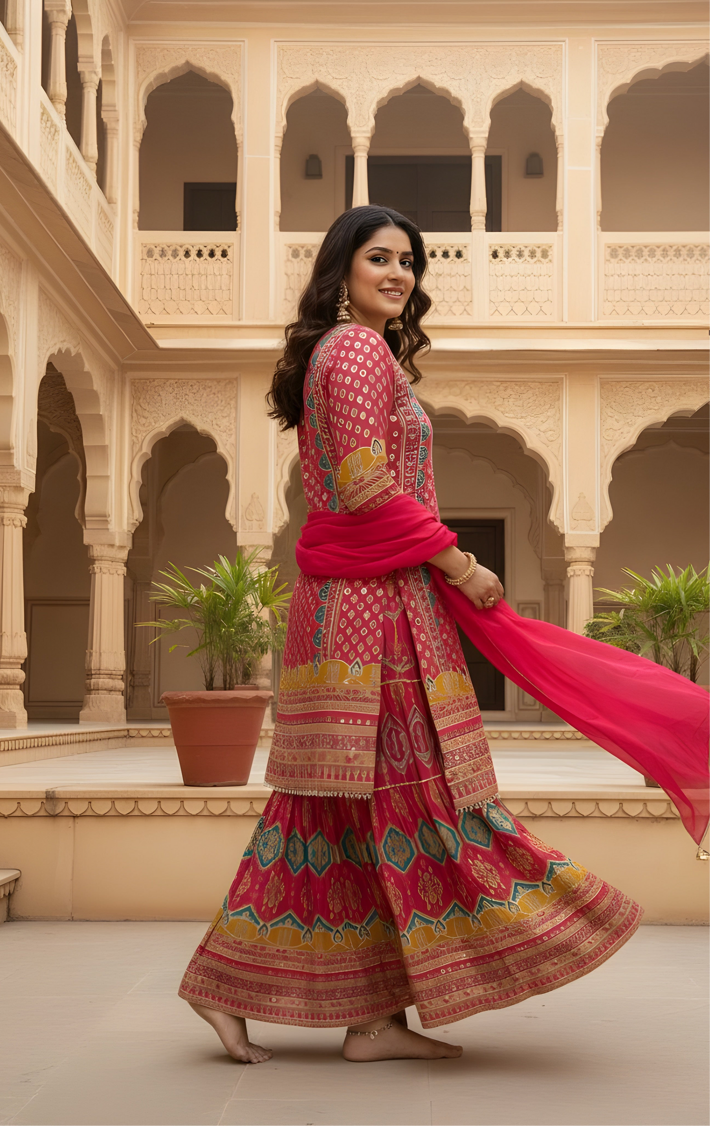 Scarlet Radiance: Traditional Crepe Silk Red Sharara Set