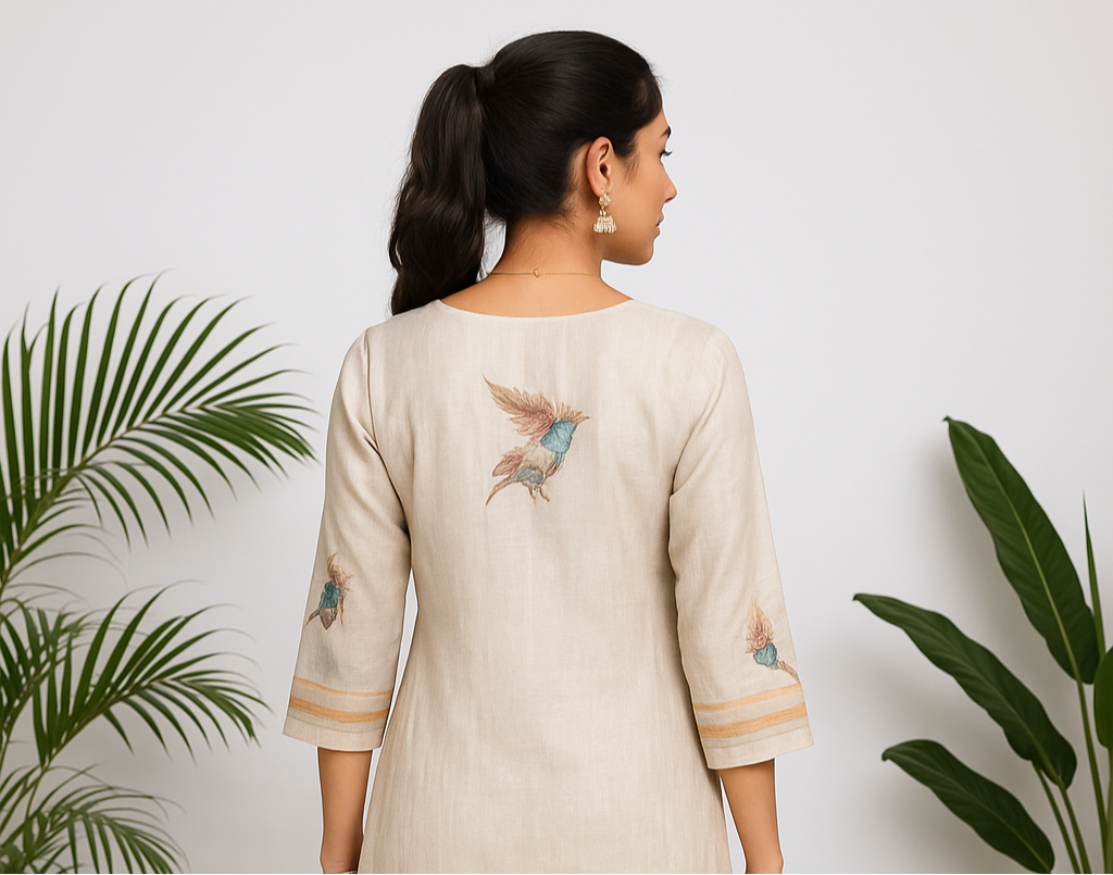 'Muskurahat' Soft Beige Floral Silk 3-piece Set