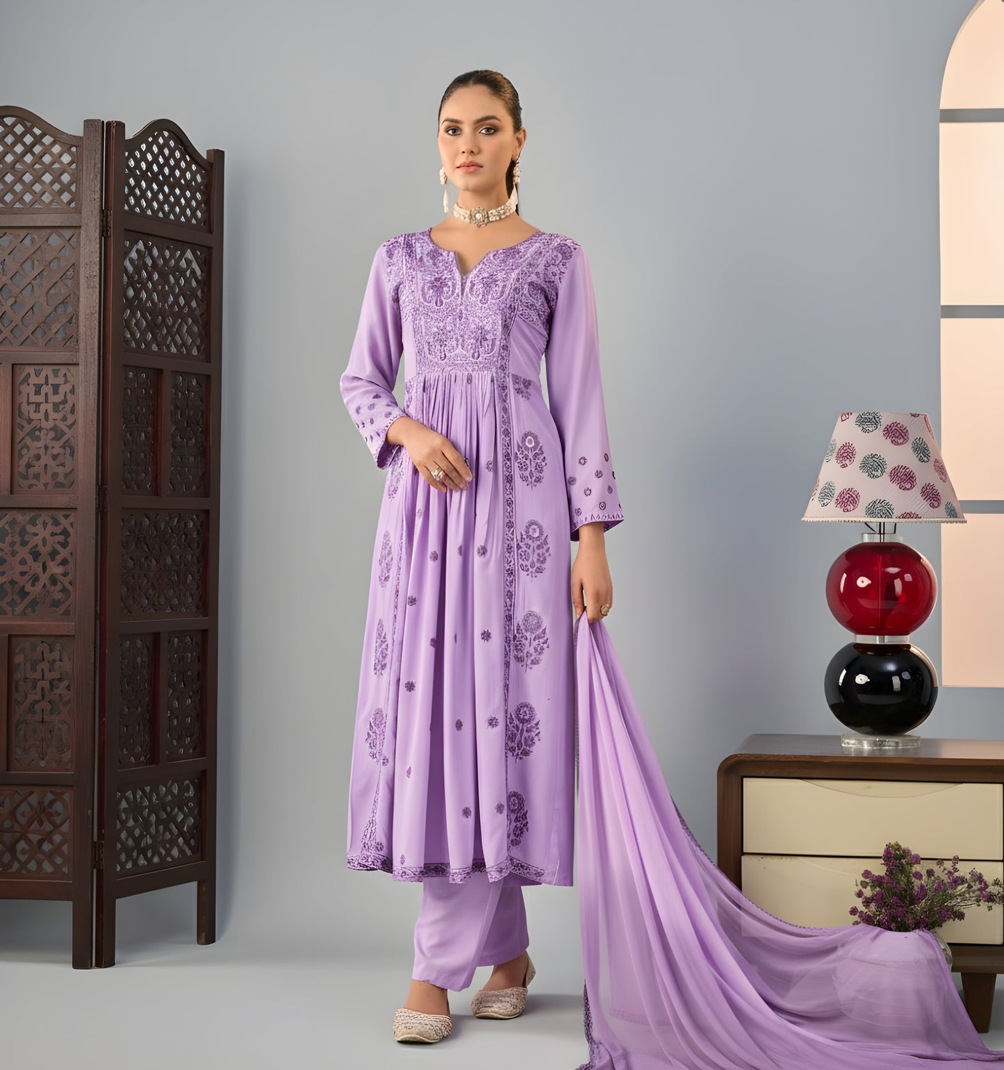 Lilac Whisper: Embroidered Kurta Set with Chikankari Edging
