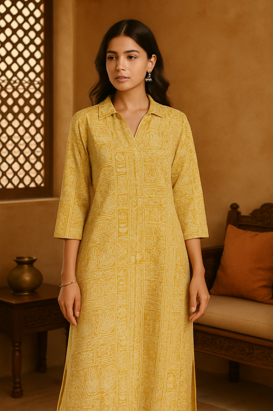 'Roop' Sunlit Mustard Print Kurta- Collar Neck