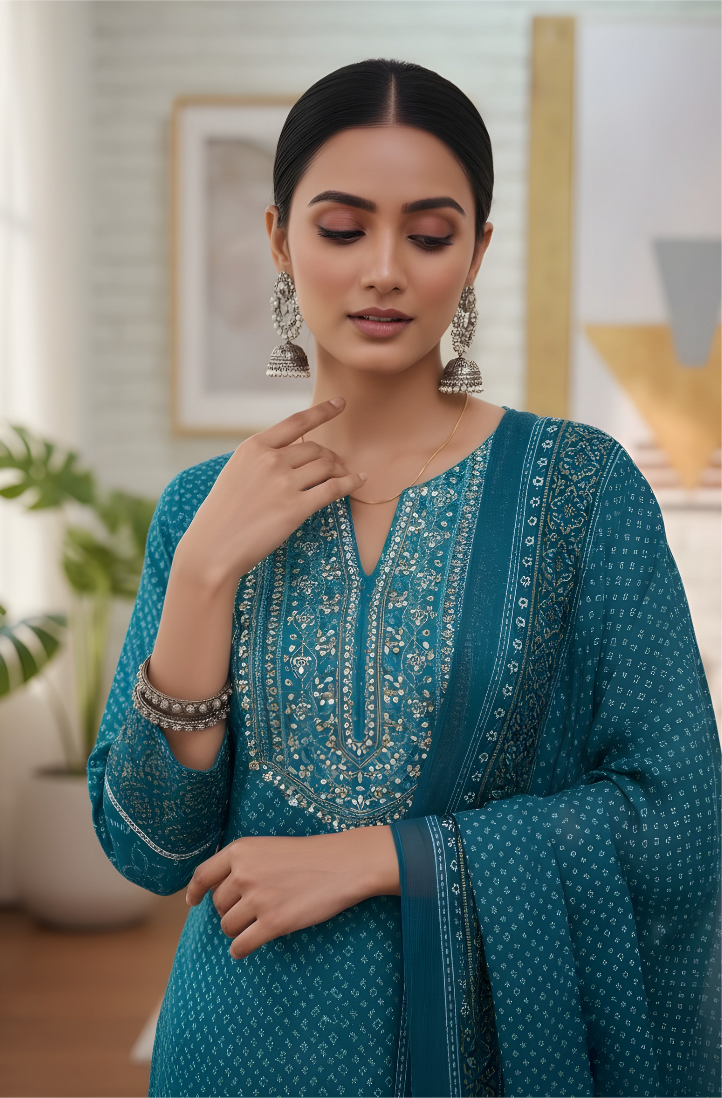 Aqua Elegance: Bandhani-Style Kurta Set with Dupatta
