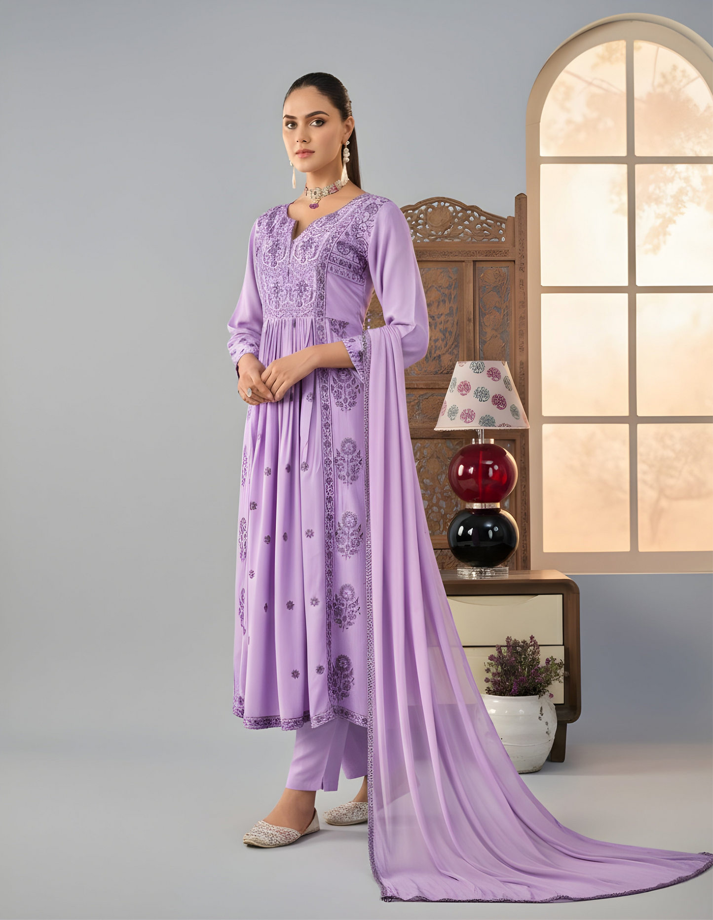 Lilac Whisper: Embroidered Kurta Set with Chikankari Edging