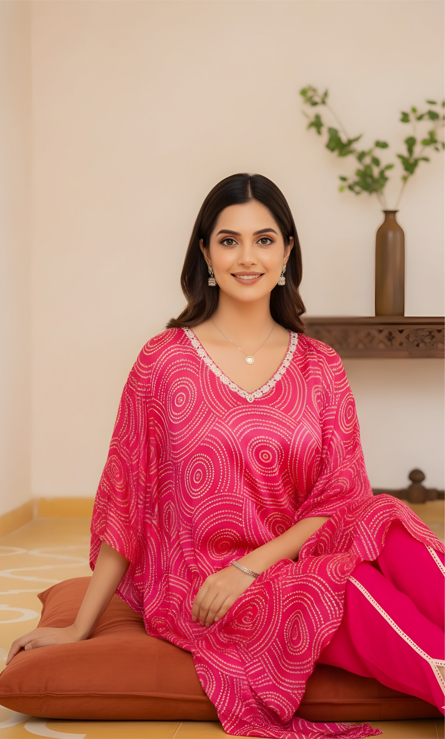 Fuchsia Horizon: Gajji Silk Kaftan Set with Tulip Pants