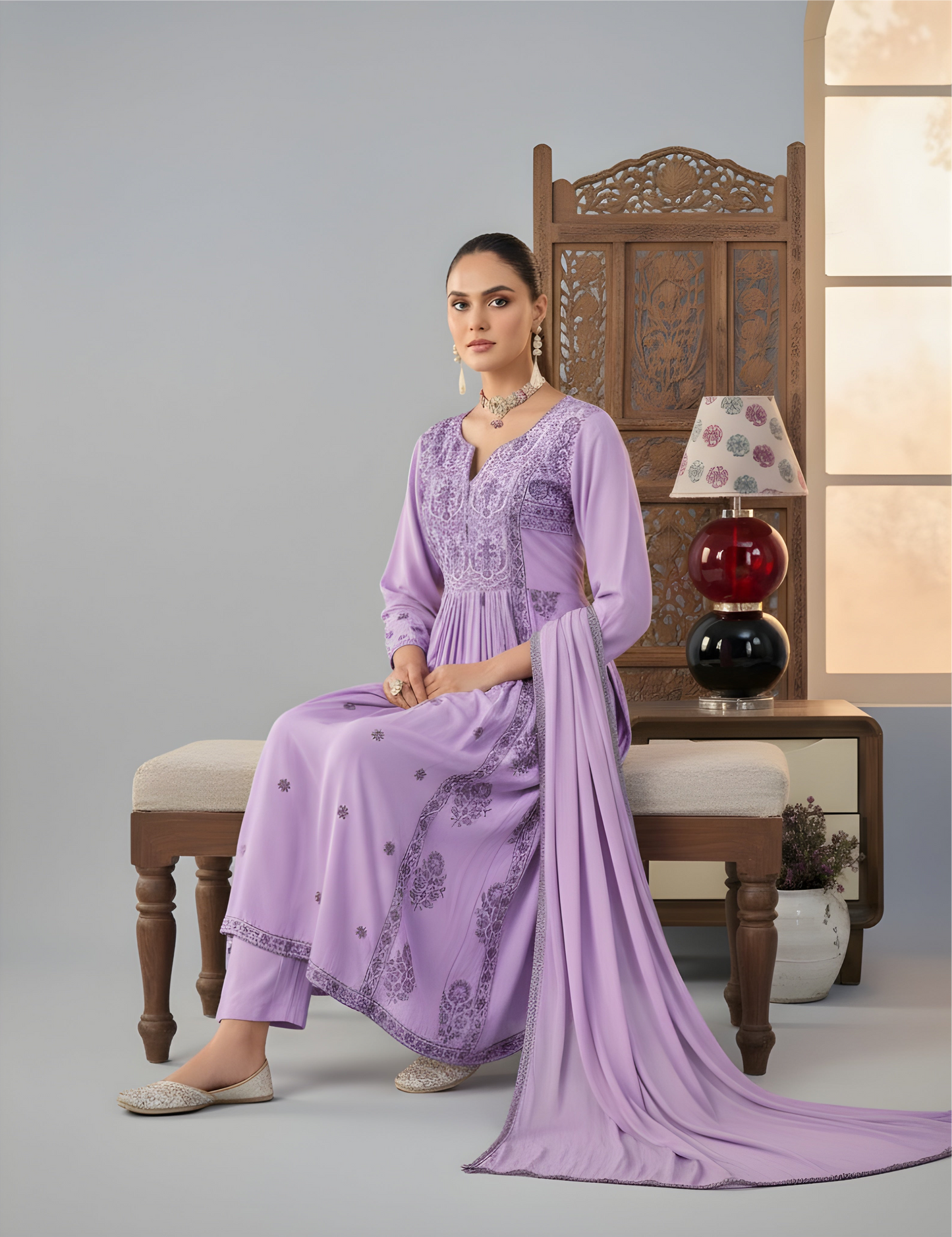 Lilac Whisper: Embroidered Kurta Set with Chikankari Edging