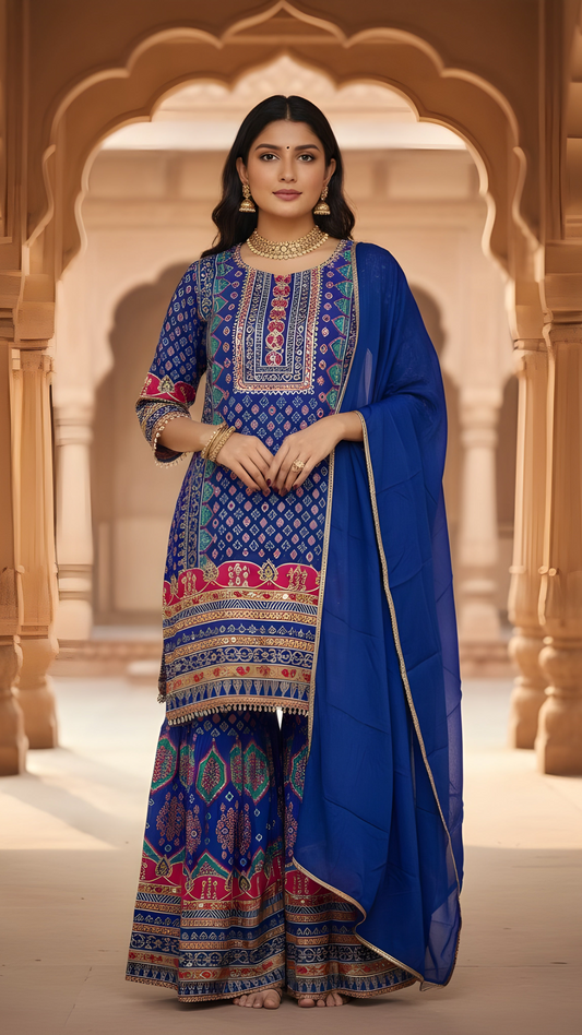 Royal Blue Brocade Crepe Silk Sharara Set