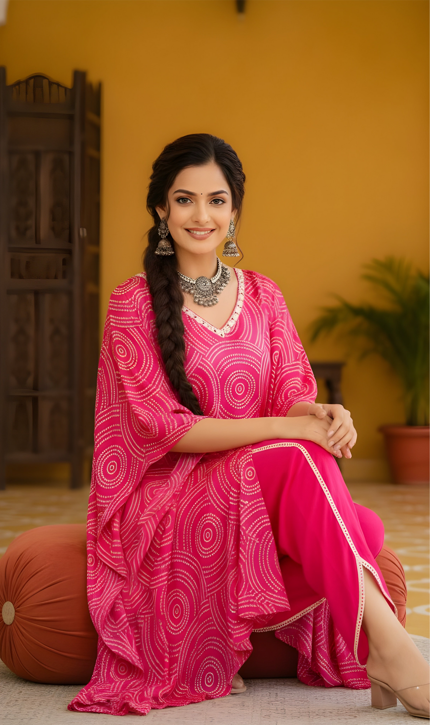 Fuchsia Horizon: Gajji Silk Kaftan Set with Tulip Pants
