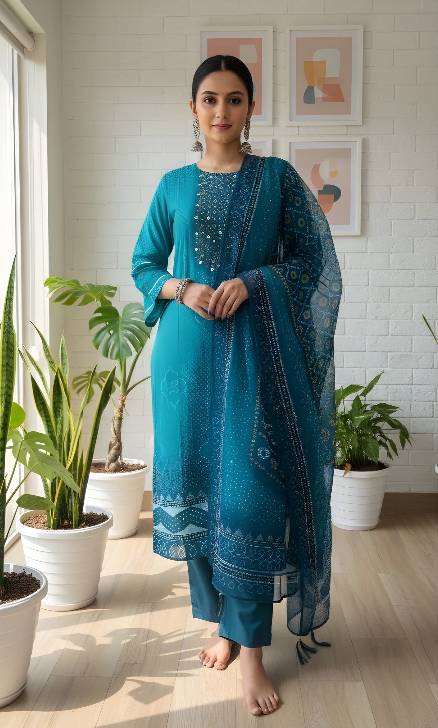 Aqua Elegance: Bandhani-Style Kurta Set with Dupatta