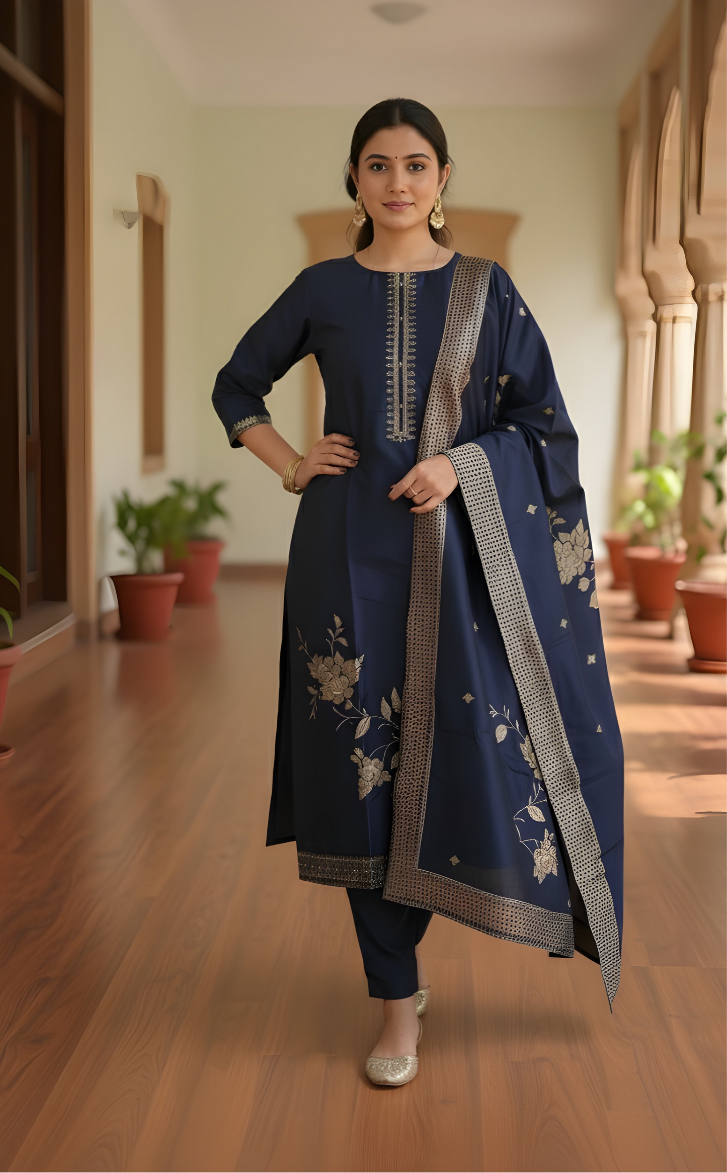 Royal Bloom: Navy Blue Silk Blend Suit with Antique Gold Embroidery