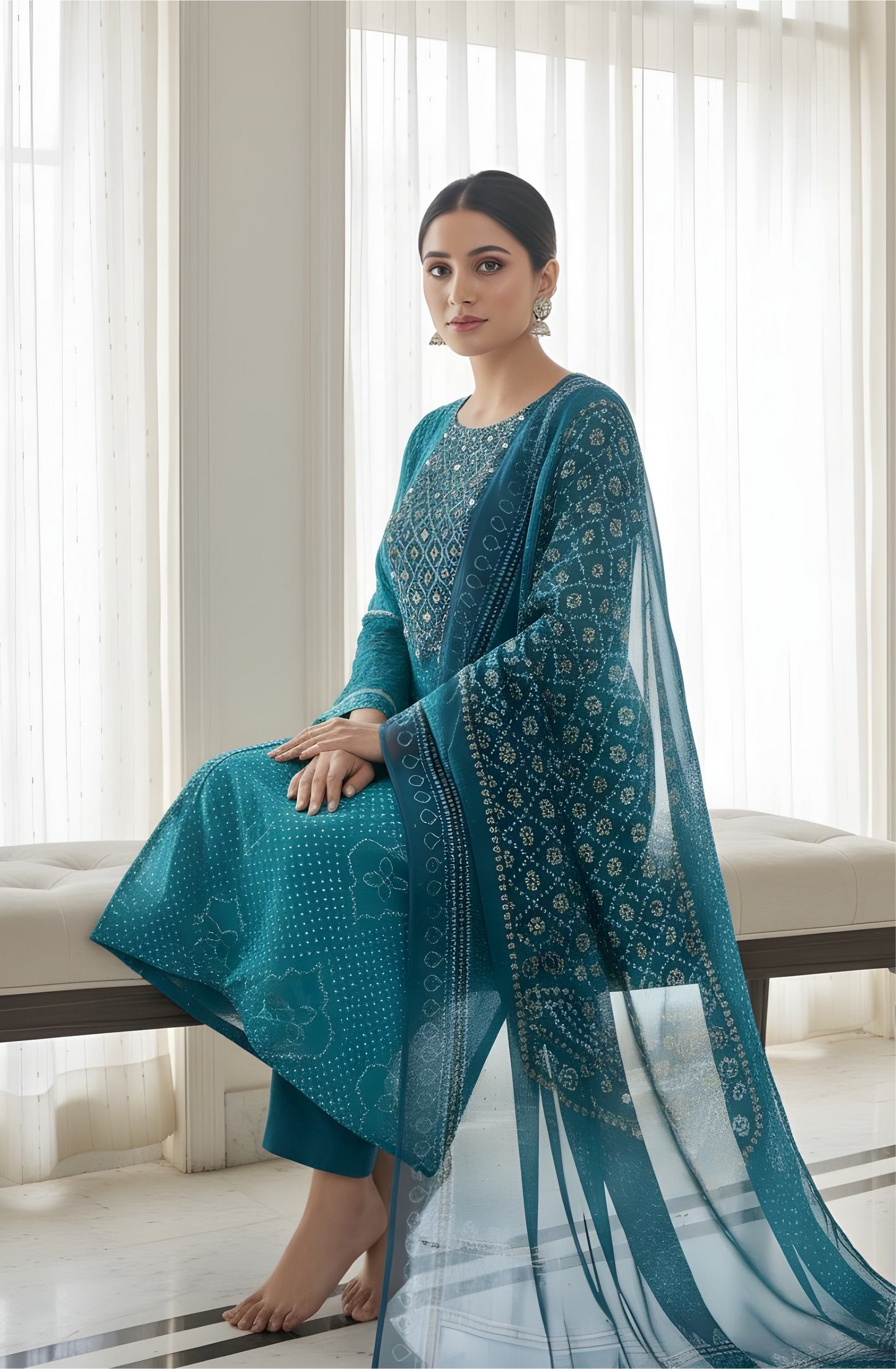Aqua Elegance: Bandhani-Style Kurta Set with Dupatta