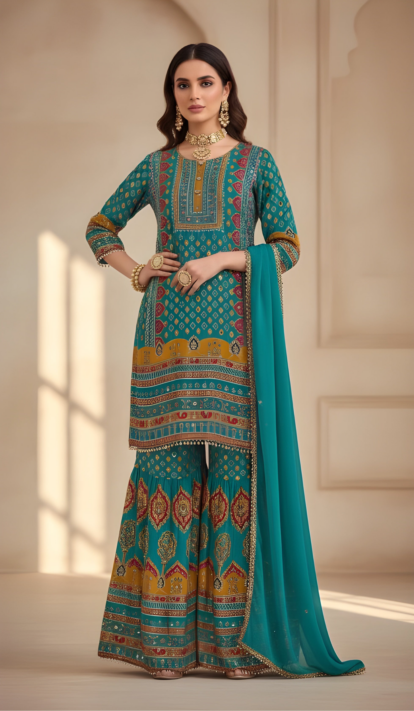Teal Crepe Silk Sharara Set with Mirror Work