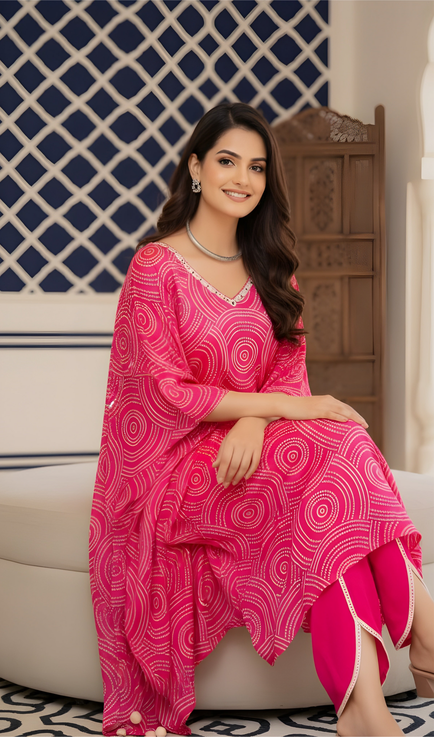 Fuchsia Horizon: Gajji Silk Kaftan Set with Tulip Pants