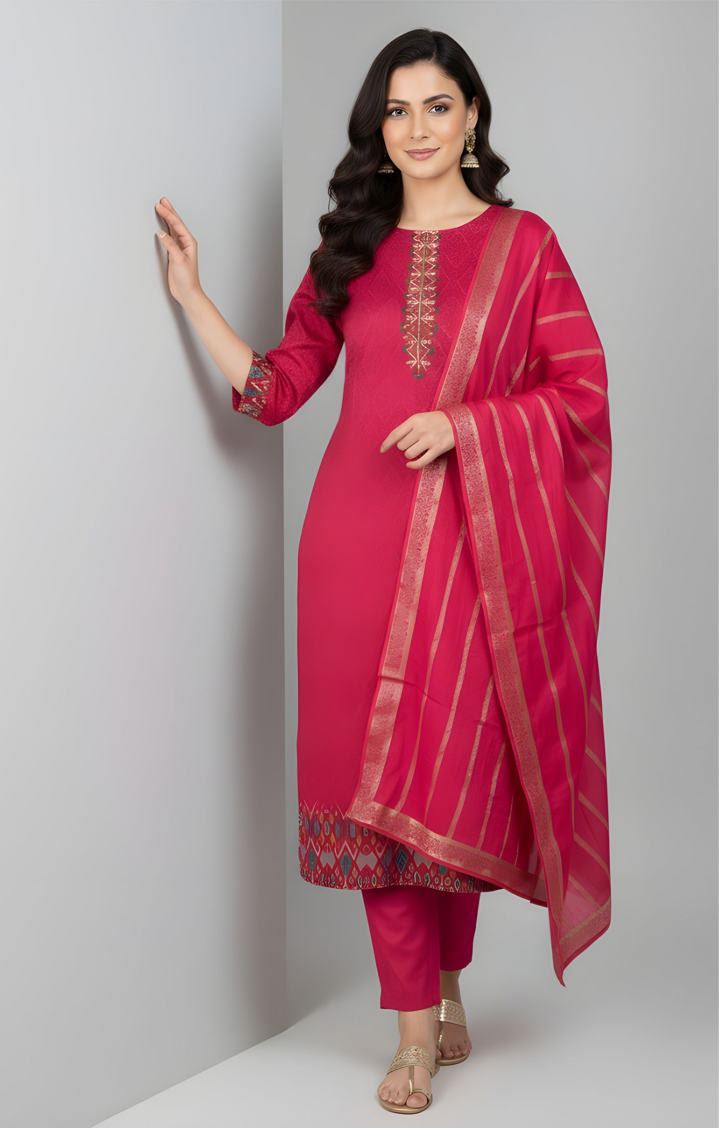 Fuchsia Flush: Minimalist Kurta Set with Intricate Yoke Embroidery