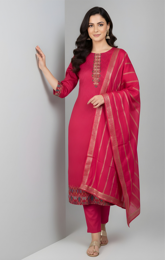 Fuchsia Flush: Minimalist Kurta Set with Intricate Yoke Embroidery