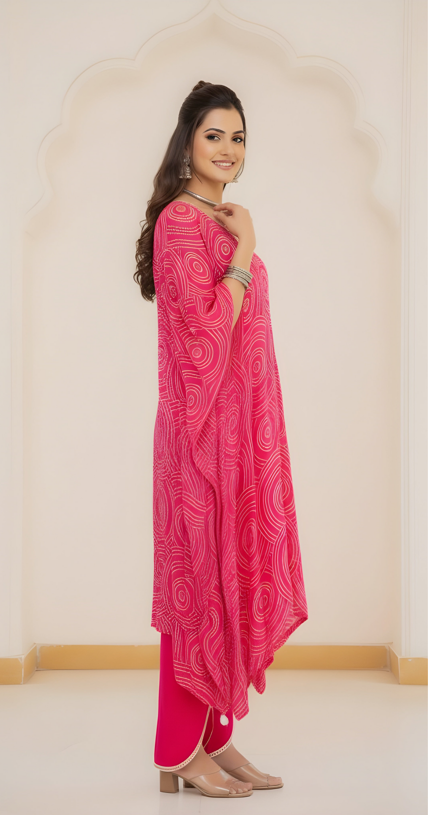 Fuchsia Horizon: Gajji Silk Kaftan Set with Tulip Pants