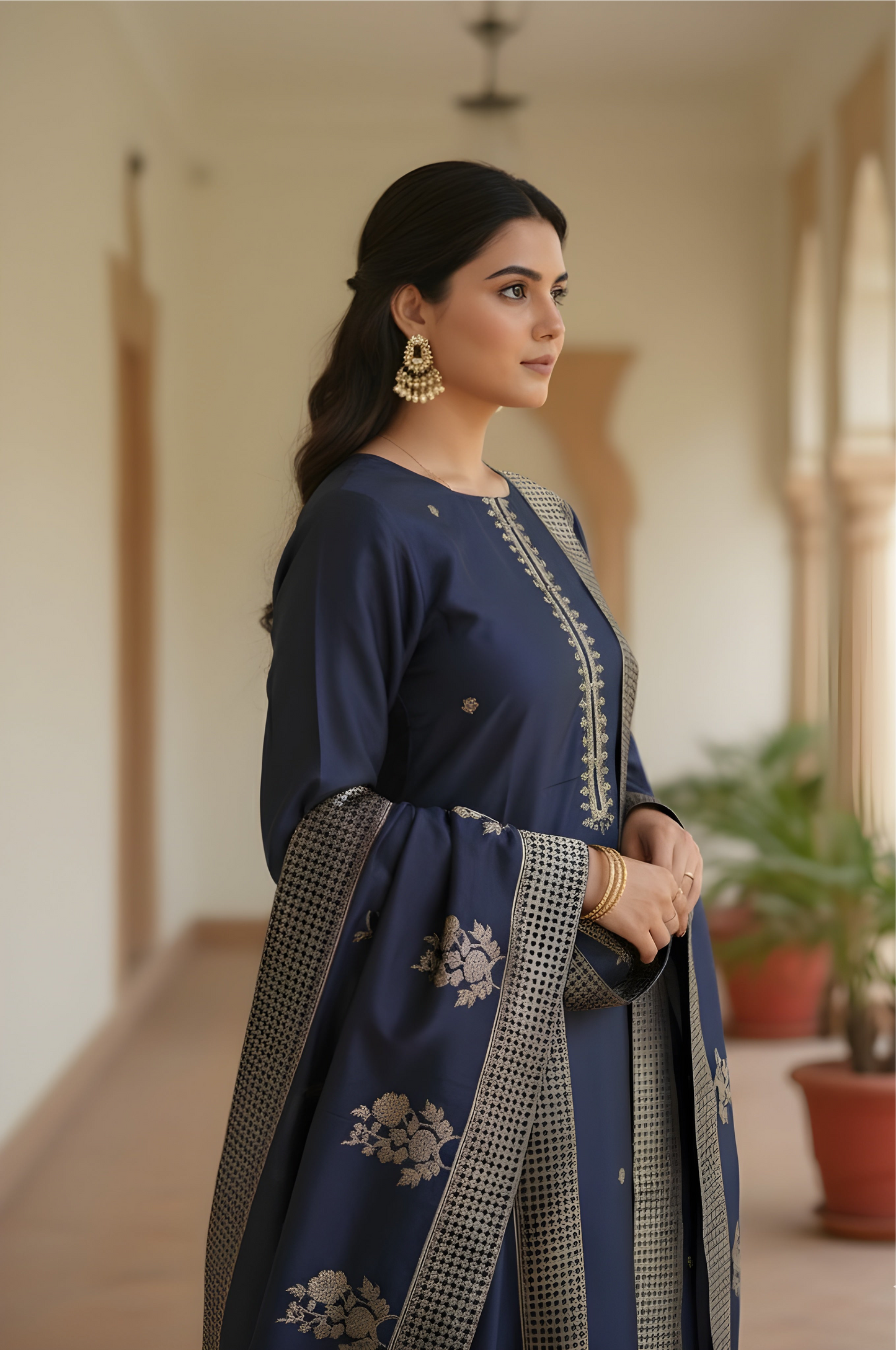 Royal Bloom: Navy Blue Silk Blend Suit with Antique Gold Embroidery