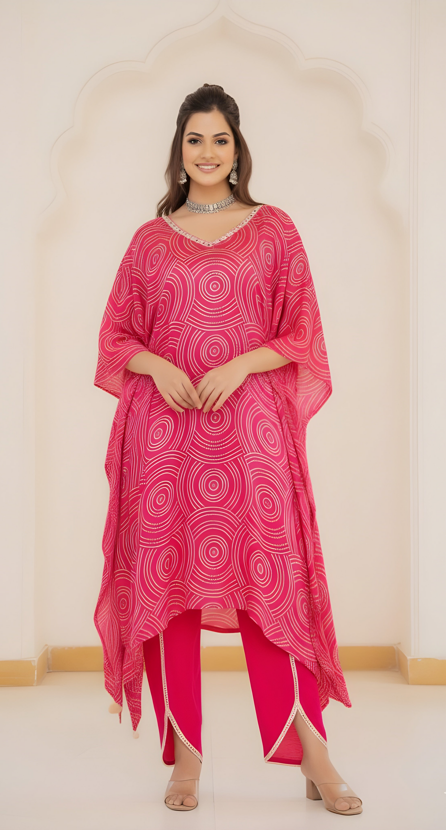 Fuchsia Horizon: Gajji Silk Kaftan Set with Tulip Pants