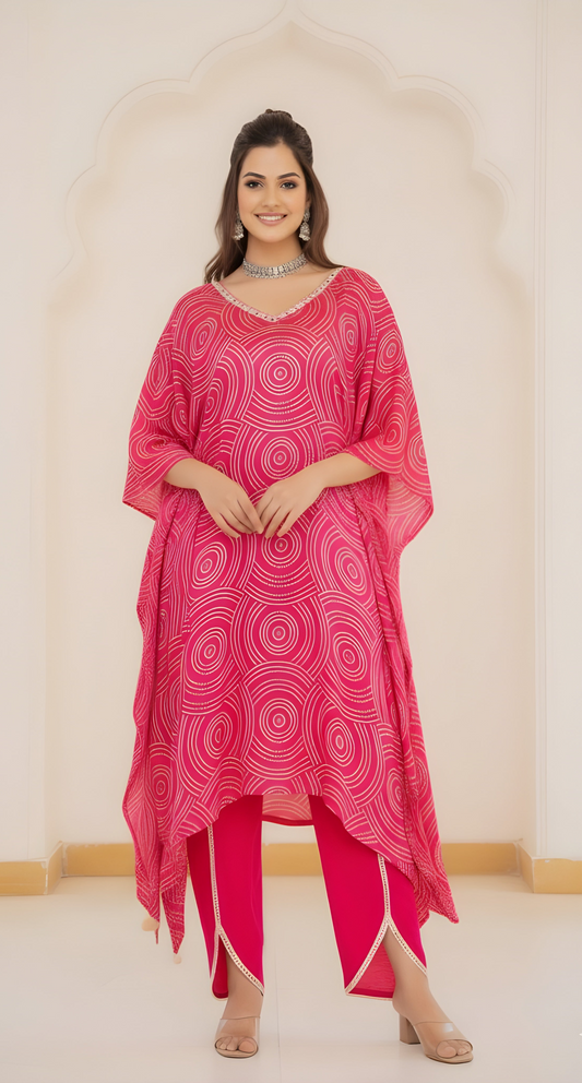 Fuchsia Horizon: Gajji Silk Kaftan Set with Tulip Pants