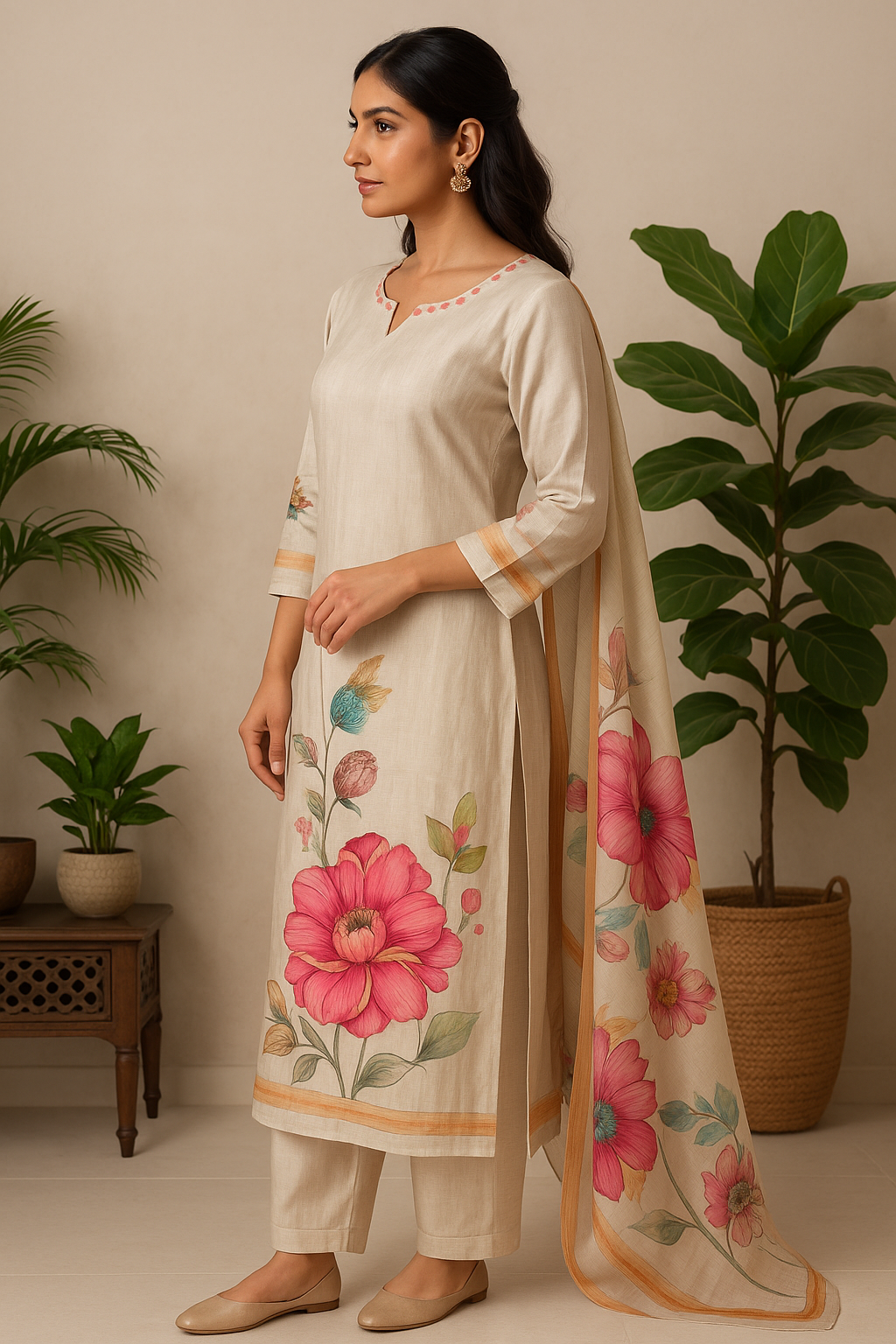 'Muskurahat' Soft Beige Floral Silk 3-piece Set