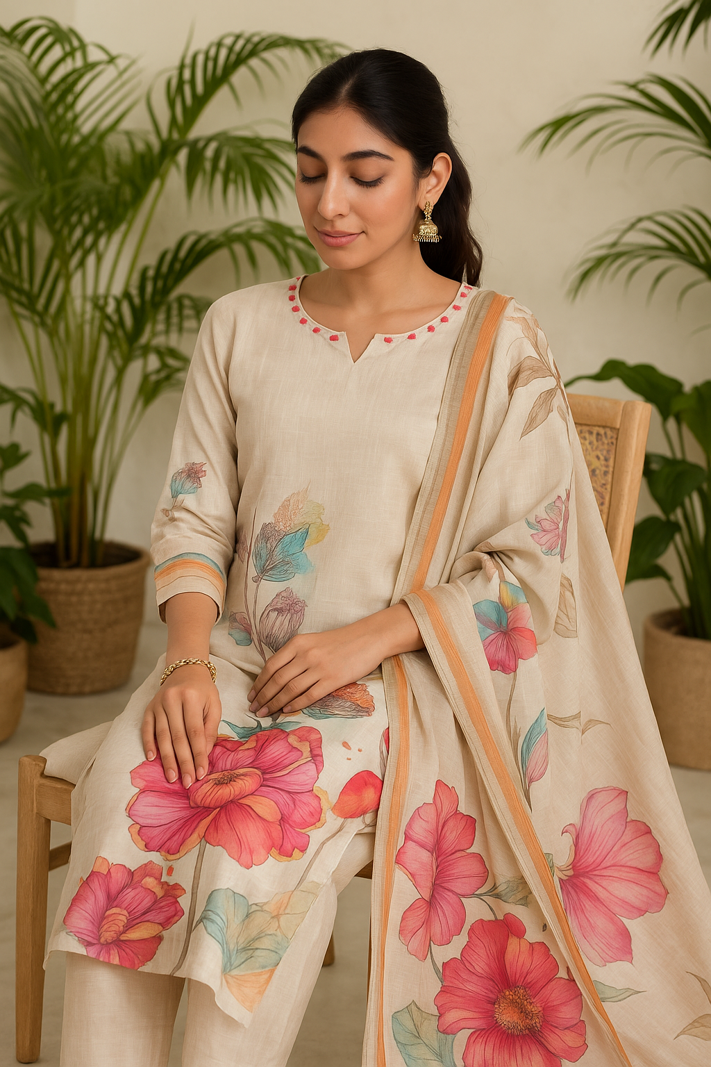 'Muskurahat' Soft Beige Floral Silk 3-piece Set